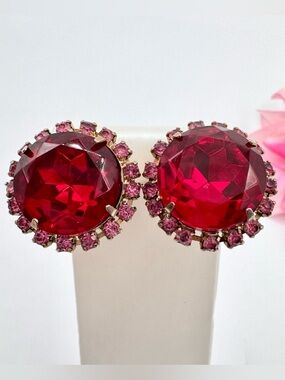 Vintage Huge Jelly Red Lucite Pink Rhinestone Clip On Earrings Regency Princess
